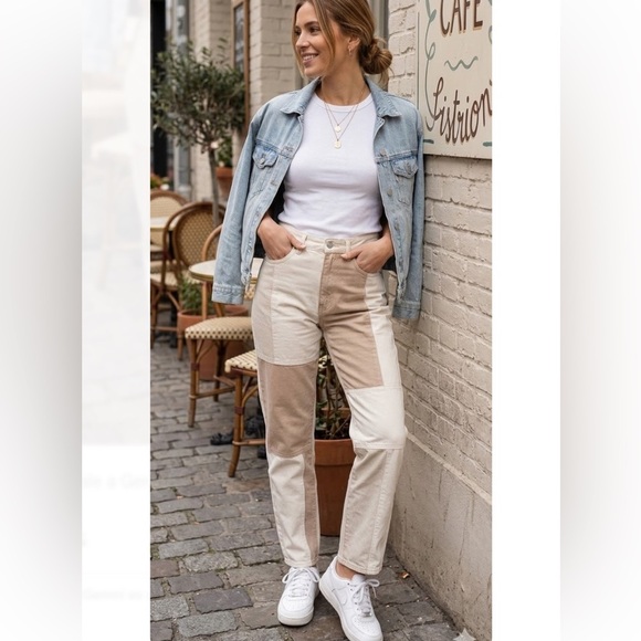 PacSun Denim - PacSun Women's Patchwork Straight Leg Jeans - Cream and Brown